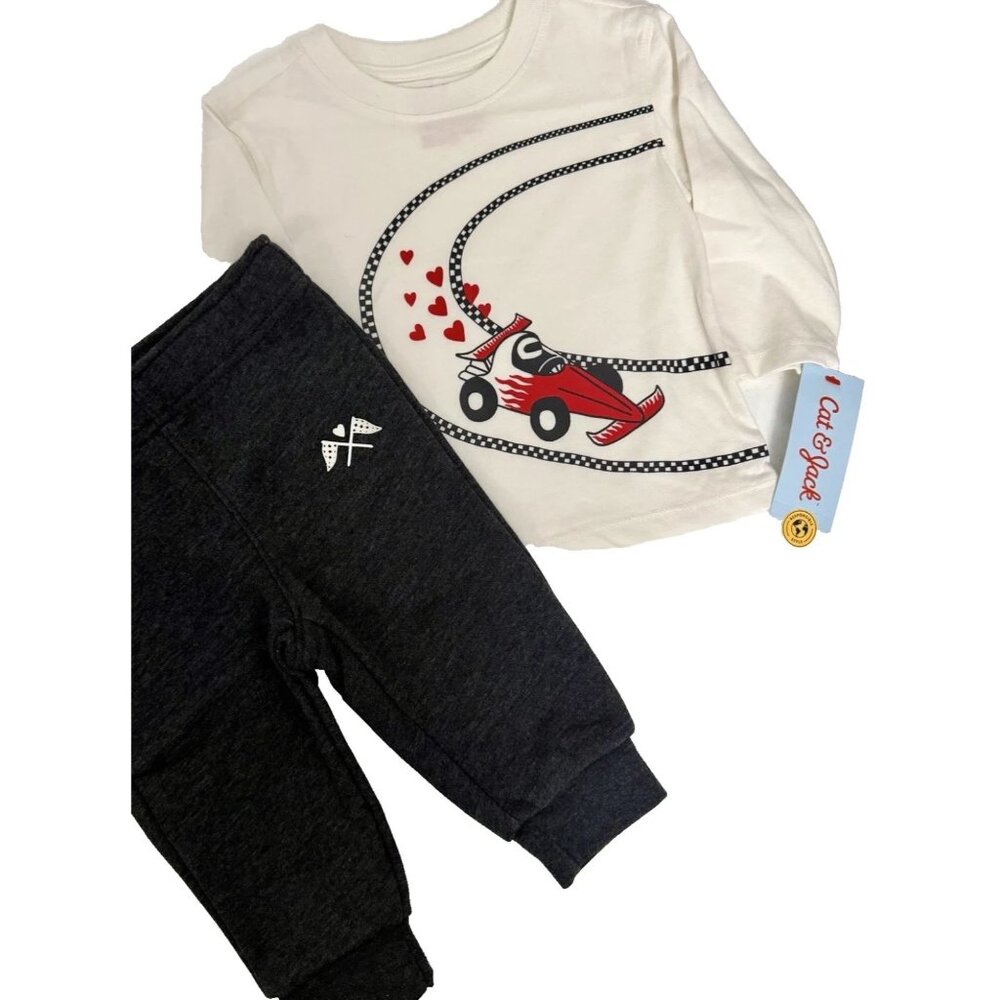 NWT Cat & Jack Baby Boys Racecar Hearts 2 Pc Outfit Set Grey 12M
